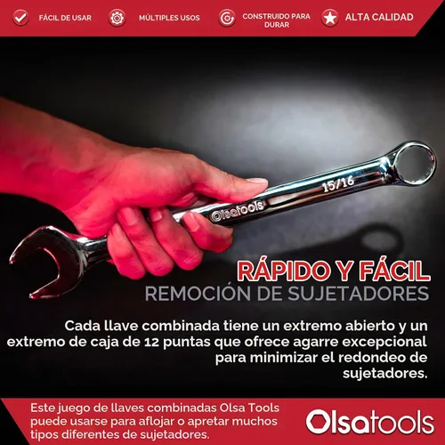 Vista 3 de Olsa Tools Juego de llaves combinadas SAE de 15 piezas, acero al cromo vanadio, extremo de caja de precisión de 12 puntos, irrompible