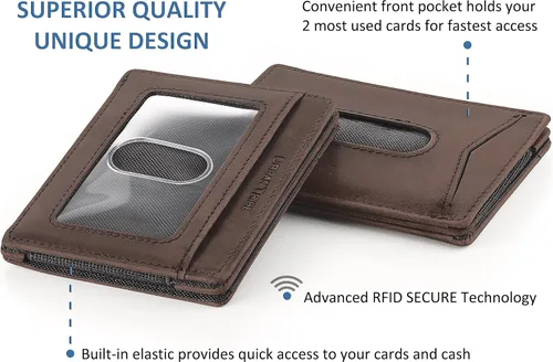 Vista 2 de Cartera compacta de manga RFID de cuero minimalista con clip de dinero 10 tarjetas