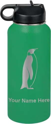 Vista 30 de LaserGram Botella de agua personalizada, pingüino, acero inoxidable de doble pared aislada al vacío con popote superior, regalo grabado