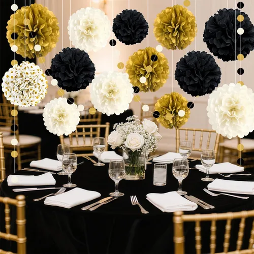 Vista 7 de Decoraciones de fiesta negras y doradas, 16 piezas de pompones de papel de seda, kit de guirnalda de papel para fiesta de Año Nuevo, graduación