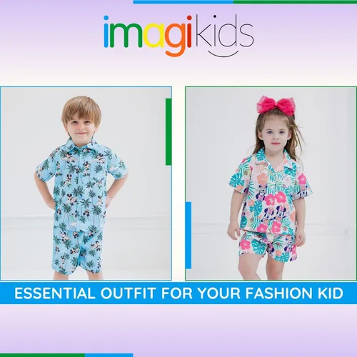 Vista 2 de Disney Mickey Mouse - Conjunto de camisa hawaiana con botones y pantalones cortos de Minnie Mouse para niños pequeños a niños grandes (2T - 14-16)