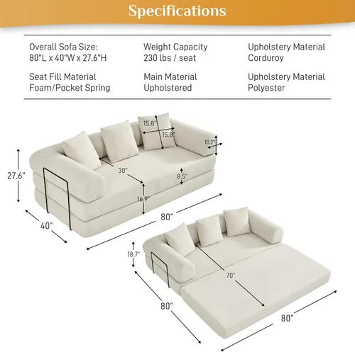 Vista 2 de DAMAIFROM - Sofá cama convertible sin huesos, color beige y blanco 80" Corduroy Modular Compressed Futon Sofa Bed, Pull-Out Cloud Loveseat with