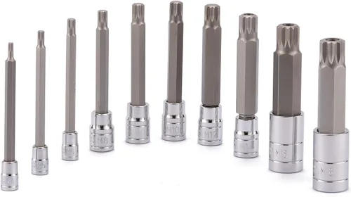 Vista 2 de MIXPOWER Juego de 10 llaves de punta estriada, tipo M, acero S2 y Cr-V, extralargo de 4 pulgadas de longitud, M4-M18, XZN Triple Square Spline Bit