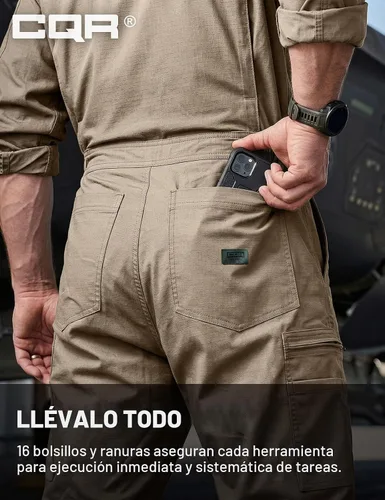 Vista 5 de CQR - Overol para hombre con manga corta, cremallera frontal, múltiples bolsillos, resistente a las manchas y a las arrugas Vortex Álamo Caqui