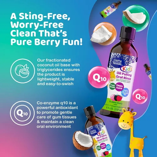 Vista 4 de GuruNanda Aceite para niños, enjuague bucal sin alcohol, aceites esenciales y vitaminas para aliento fresco y encías felices para edades de 6 años