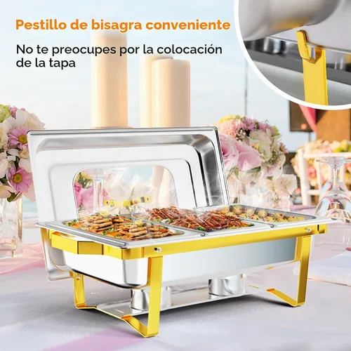 Vista 6 de ROVSUN Platos dorados para bufé, juego de bufé de 9 cuartos con tapa de vidrio, servidores y calentadores de bufé de acero inoxidable con marco