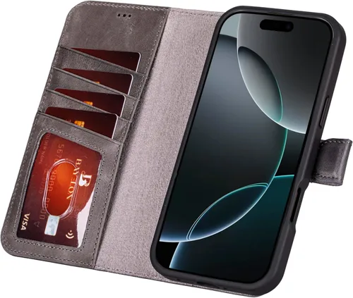 Vista 44 de Bayelon Funda tipo cartera para iPhone 15 Pro, cartera de cuero de grano completo, funda magnética desmontable, tarjetero, funda tipo cartera