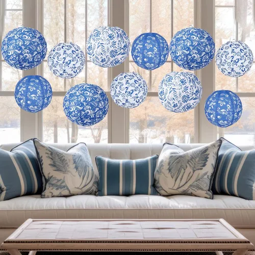 Vista 5 de Lonfliness 15 linternas de papel chinoiserie de 10 pulgadas y 8 pulgadas de porcelana azul y blanca colgantes, decoración de fiesta, farol redondo