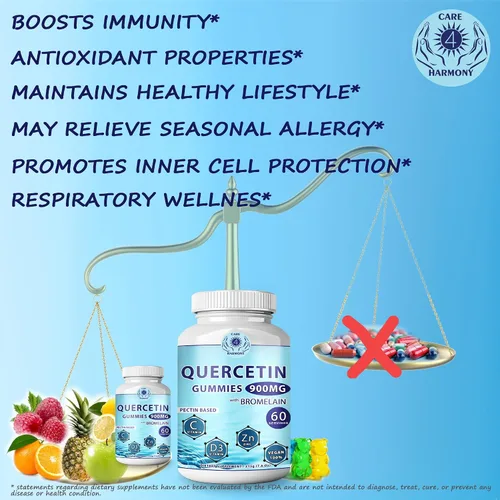 Vista 6 de Paquete de 2 gomitas de quercetina – Quercetina con bromelina vitamina C + zinc vitamina D3 – Quercetina masticable 900 mg suplementos – Quercetina