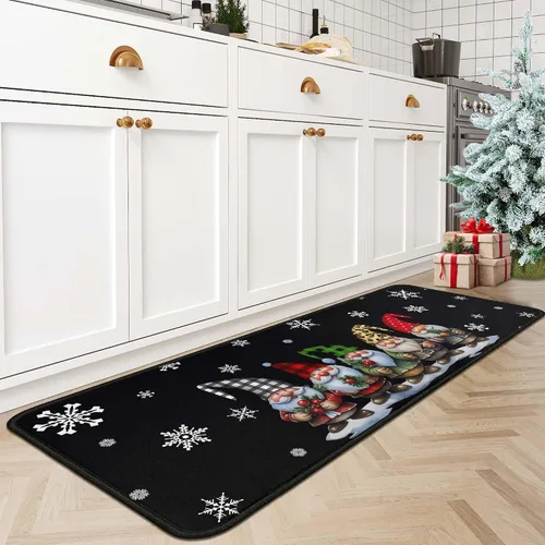 Vista 8 de Alfombras de cocina de cuadros de búfalo con gnomos de árbol negros, juego de 2, Merry Christmas, decoración de piso de perfil bajo para fiestas