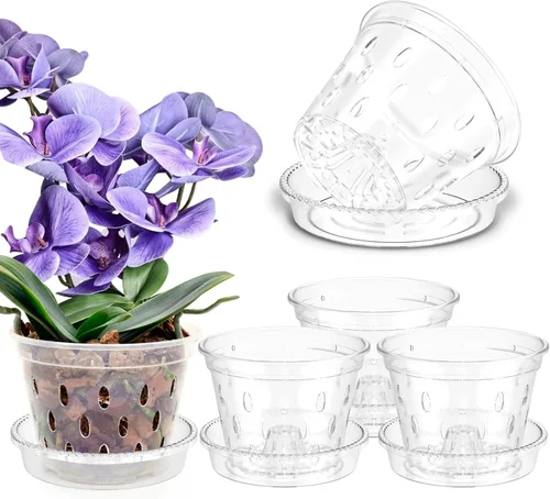 Vista 8 de UKQRRTC 5 macetas de orquídeas para trasplantar, macetas de orquídeas ranuradas transparentes con agujeros y platillos, maceta de plástico