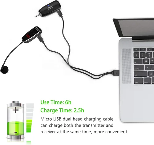Vista 4 de Auriculares de micrófono inalámbrico, transmisor UHF recargable y sistema de micrófonos receptores, micrófono 2 en 1 para amplificador de voz