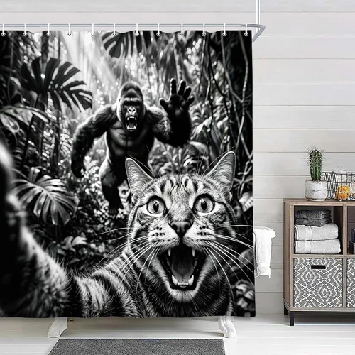 Vista 2 de Divertida cortina de ducha con diseño de gato con gorila en la selva, decoración de baño de animales humorísticos en blanco y negro, juego