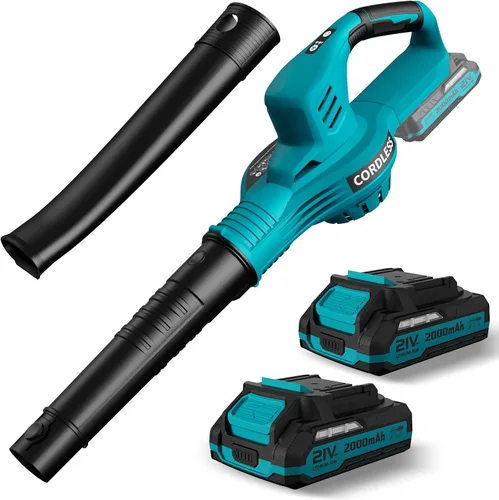 Vista 9 de Soplador de hojas inalámbrico con 2 baterías y cargador, soplador eléctrico de hojas de 21 V con 2 modos de velocidad, sopladores ligeros de 2.0Ah