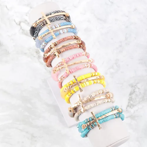Vista 3 de RIAH FASHION Pulsera elástica con cuentas de barra metálica cruzada, piedra natural religiosa cristiana, semi-preciosa oración