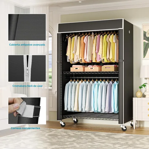 Vista 3 de FUTASSI Perchero negro con cubierta negra, armario con ruedas P1C Plus, perchero de metal para colgar ropa, armario de almacenamiento de ropa, 46