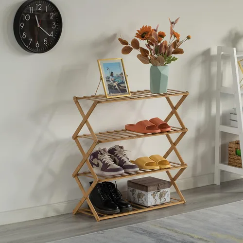 Vista 4 de Basicwise Zapatero plegable de bambú y estante de almacenamiento, organizador de madera multiusos para entrada, armario o sala de estar, soporte
