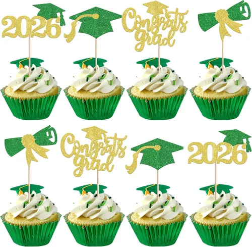 Vista 52 de 24 piezas 2026 temáticas de graduación 2026 decoraciones para cupcakes con purpurina clase de 2026 Diploma Congrats 2026 Tapa de graduación