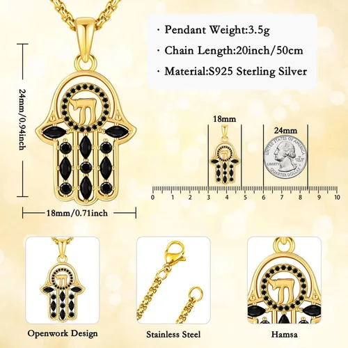 Vista 90 de Aniu Joyería de plata de ley 925 Hamsa de Fátima para mujer con circonita cúbica, viene con caja de regalo negra