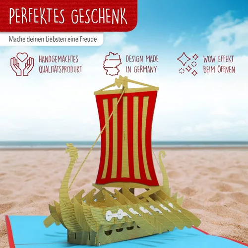 Vista 3 de LIN Tarjeta de felicitación 3D desplegable para fanáticos de los vikingos o como tarjeta de regalo para un recorrido en barco, barco vikingo