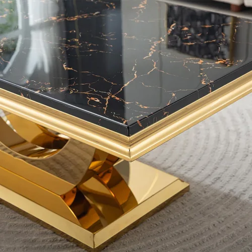 Vista 6 de Mesa de centro de 47 pulgadas de mármol negro con base en forma de U de acero inoxidable espejado, mesa central de parte superior rectangular