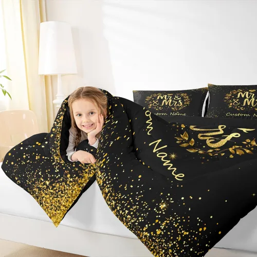 Vista 4 de Juego de ropa de cama personalizado con lentejuelas negras y doradas, tamaño individual, edredón de corazón dorado con purpurina para mujeres