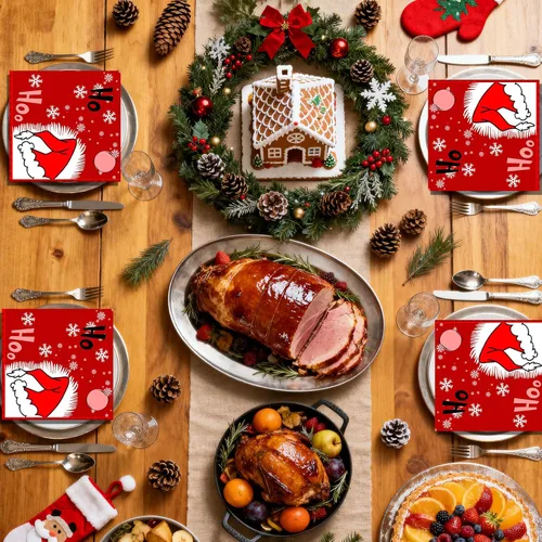 Vista 6 de Servilletas de Navidad – Servilletas desechables de papel rojo para fiesta de sombrero de Navidad, decoración de fiesta de copo de nieve de Navidad