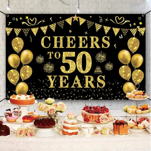 Vista 5 de Trgowaul Decoraciones de cumpleaños número 50/aniversario/boda para mujeres y hombres, pancarta de felicitación a los 50 años, fondo negro y dorado