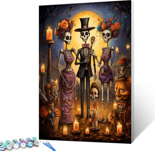 Vista 13 de Tucocoo Decoración del Día de los Muertos, pintura por números, esqueleto para parejas, pintura por números sobre lienzo con pinceles y pigmento