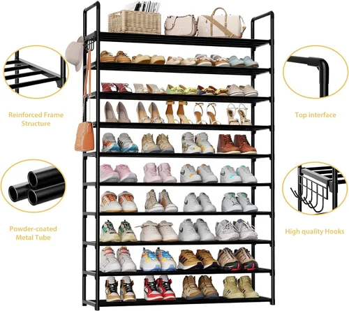 Vista 9 de Organizador de zapatos de 10 niveles, zapatero grande de metal con ganchos, se adapta a 40-50 pares, ideal para armario, entrada, garaje, dormitorio