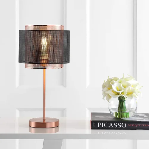 Vista 3 de JONATHAN Y Lámpara de mesa de cobre y metal negro de 19.7 pulgadas, moderna lámpara de escritorio industrial de doble malla para dormitorio, sala