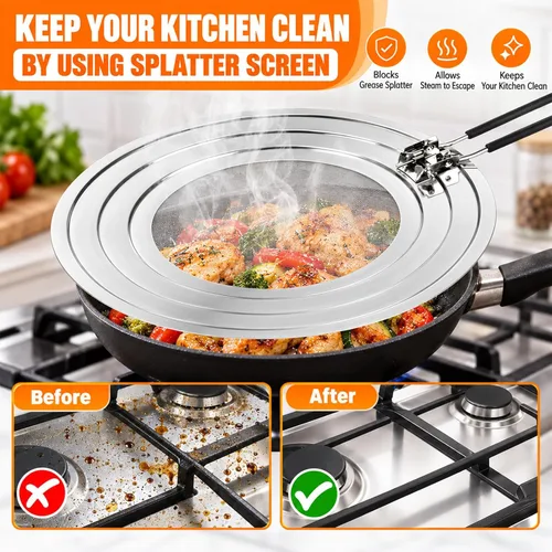 Vista 6 de Pantalla de salpicaduras de acero inoxidable para sartén Protector de Alfombrilla de enfriamiento para colador de alimentos con cubierta de mango