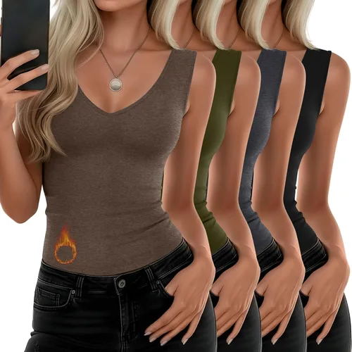 Vista 7 de Paquete de 4 camisetas térmicas sin mangas para mujer, con cuello en V, forro polar, sin mangas, cálido, chaleco de capa base