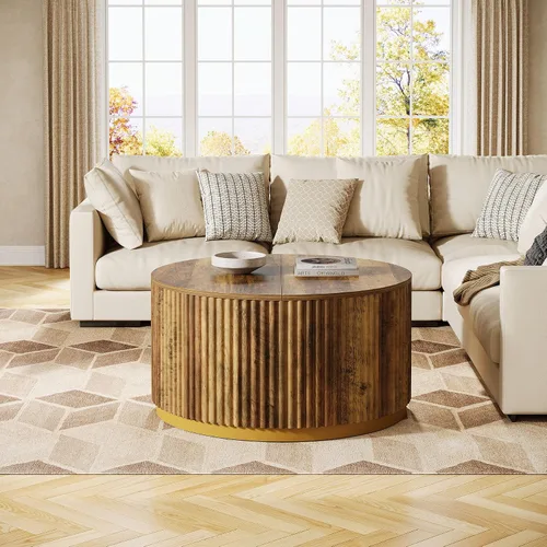 Vista 8 de Tribesigns Mesa auxiliar redonda de 31.5 pulgadas, mesa central de madera acanalada con base de tambor resistente, muebles modernos de mediados