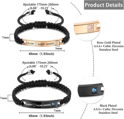 Vista 5 de YATEDIY Pulsera personalizada para parejas para mujeres y hombres, pulseras con nombre personalizado grabadas con palabras de promesa, pulseras