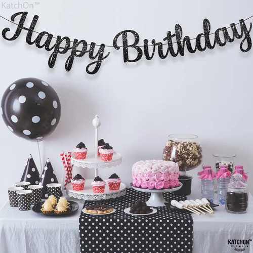 Vista 5 de KatchOn Cartel de feliz cumpleaños cursivo negro con purpurina, pre-encordado, 10 pies, cartel de feliz cumpleaños para mujeres, hombres, niños