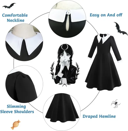 Vista 2 de Digi Halloween Wednesday Addams Costume Girls Dress,Halloween Birthday Cosplay Costumes for Kids 4-12 Years