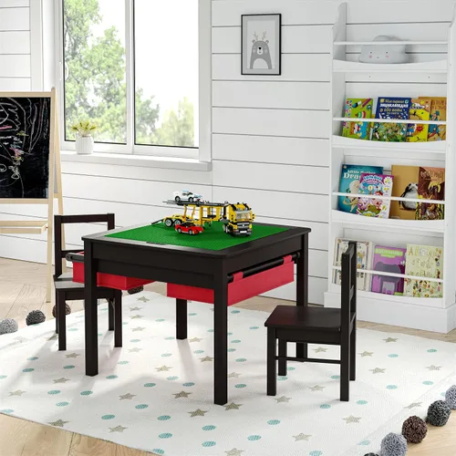 Vista 5 de UTEX - Juego de mesa de construcción para niños 2 en 1 de madera con dos sillas y cajones de almacenamiento, y placa empotrada compatible