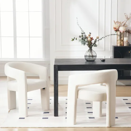 Vista 26 de Silla moderna de comedor en barril, silla de cocina acentuada tapizada en cuero sintético con brazos, silla lateral cómoda para sala de blanco