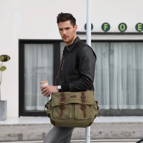 Vista 2 de Kattee Military Messenger Bag Canvas Leather Shoulder Bag Fits 14.715.6 Inch Laptop