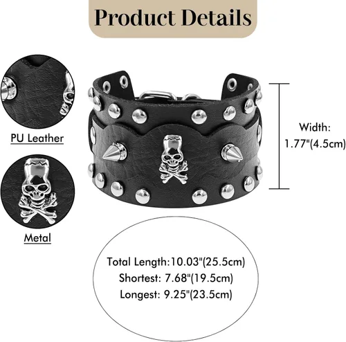 Vista 2 de Cupimatch Punk Gothic Skull Rivet Wide Leather Bracelet Cuff Adjustable 7.5"- 8.7" for Father's Day