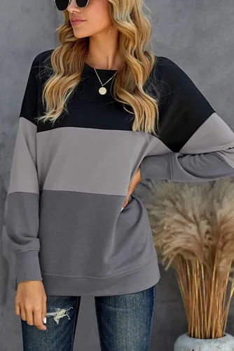Vista 2 de NEYOUQE Sudadera de cuello redondo para mujer, casual, de otoño, a la moda, bloque de color, holgada, manga larga, sudaderas lisas