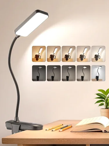 Vista 9 de Lámpara de escritorio rosa linda luz de lectura, 45 modos de luz regulable con clip con batería de 4000 mAh, lámpara de escritorio recargable de 450