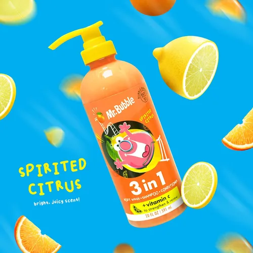 Vista 3 de Mr. Bubble Spirited Citrus 3 en 1 Gel de baño, champú y acondicionador más vitamina C fortalece y renueva el cabello y el cuerpo, paquete de 3