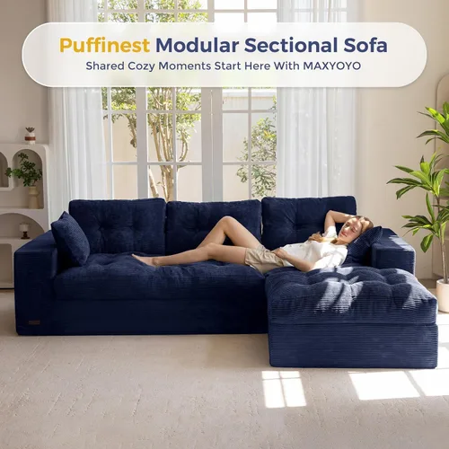 Vista 4 de MAXYOYO Sofá modular modular en forma de L de 104 pulgadas con otomana, sofá copetudo sin hueso con cojín en capas, sofá combinado tapizado de Azul