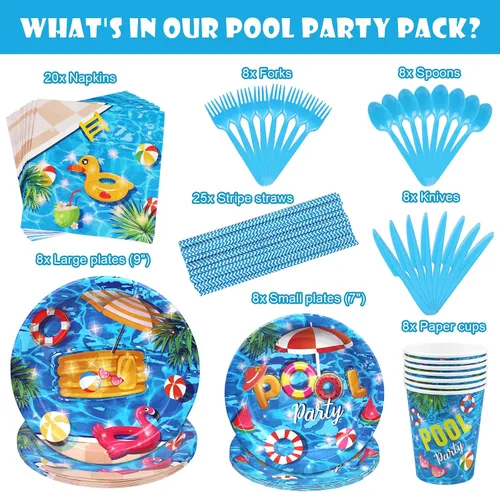 Vista 2 de PHOGARY Juego de vajilla de 93 piezas para fiesta de verano en la piscina, incluye platos de fiesta en la piscina, servilletas, pajitas, cucharas