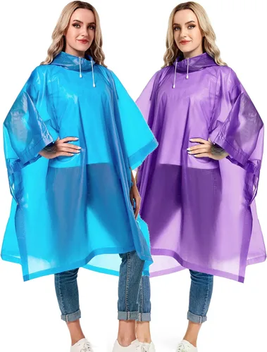 Vista 2 de Paquete de 2 ponchos de lluvia para adultos, reutilizables, impermeables, de supervivencia, emergencia, resistente, con capucha con cordón