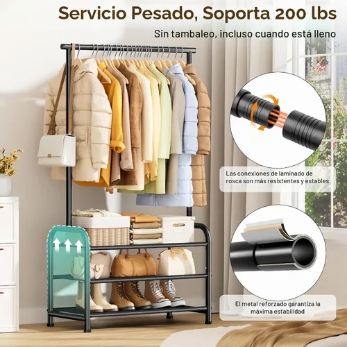 Vista 2 de MISSLO Estantes para ropa resistentes para colgar ropa con 3 estantes, estante para ropa resistente con almacenamiento para zapatos para abrigos