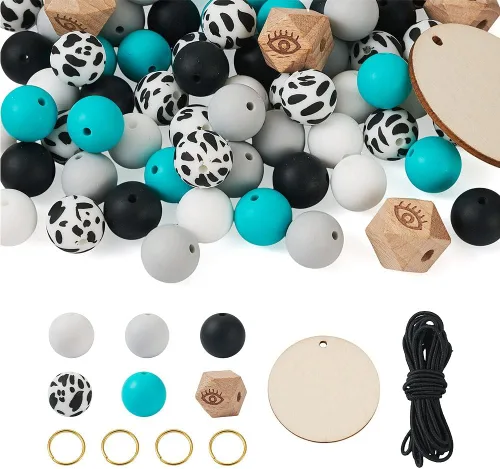 Vista 31 de FASHEWELRY Kit de cuentas de silicona para hacer llaveros, cuentas de silicona redondas hexagonales de 0.59 pulgadas a granel con hilo elástico