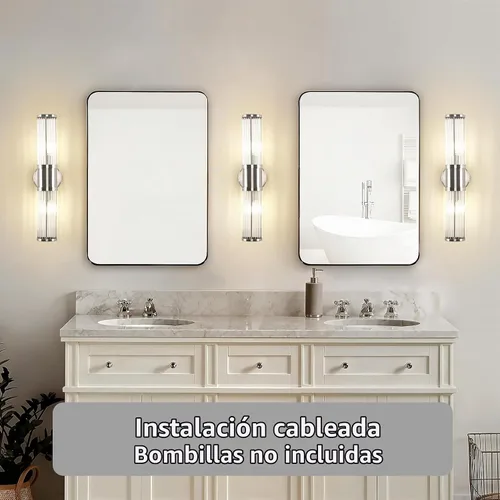 Vista 7 de Aplique de pared de níquel cepillado con varillas de vidrio, lámpara de tocador industrial moderna, base de candelabro E12 para baño, dormitorio